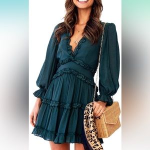 Women’s Long Sleeve Deep V Neck Ruffle Layer Swing Mini Dress